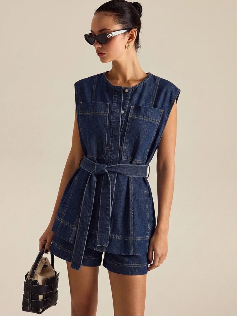 Commense Belted Denim Sleeveless Vest & Shorts Set XS NWT